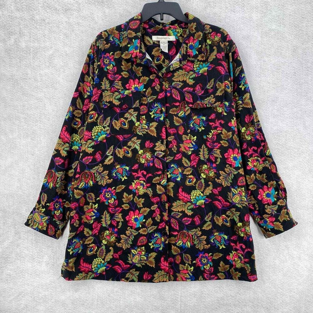 Roamans Top Womens 1X Velvet Velour Feel Thick Button Floral Blouse Black Shirt‎